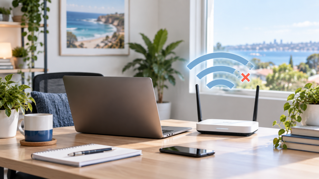 Home office laptop and Wi-Fi router with an interrupted wireless signal