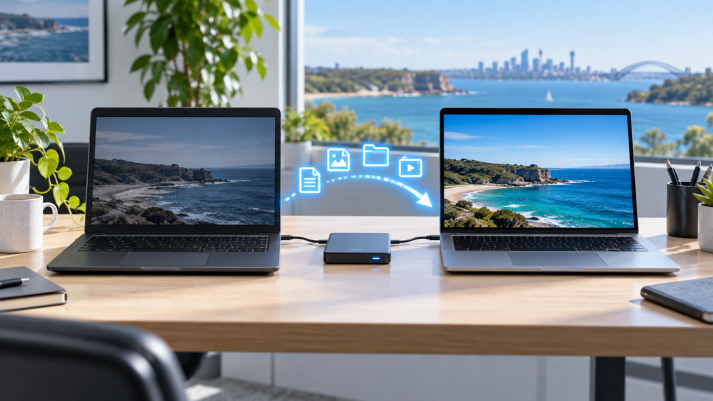 Files transferring between two laptops with an external backup drive