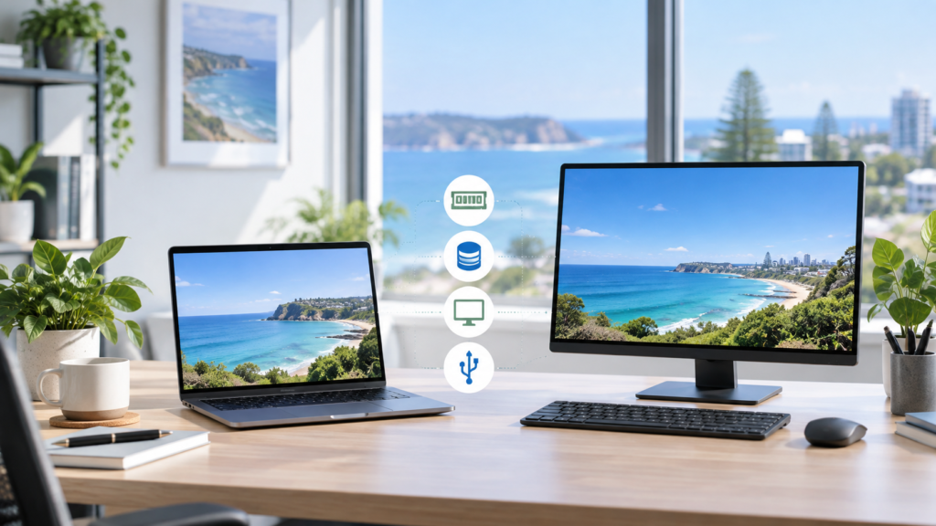 Laptop and desktop computer options with memory, storage and connection icons