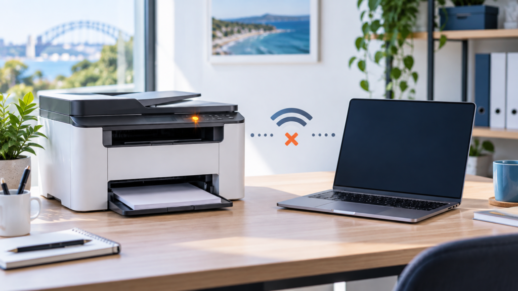 Wireless office printer disconnected from a laptop