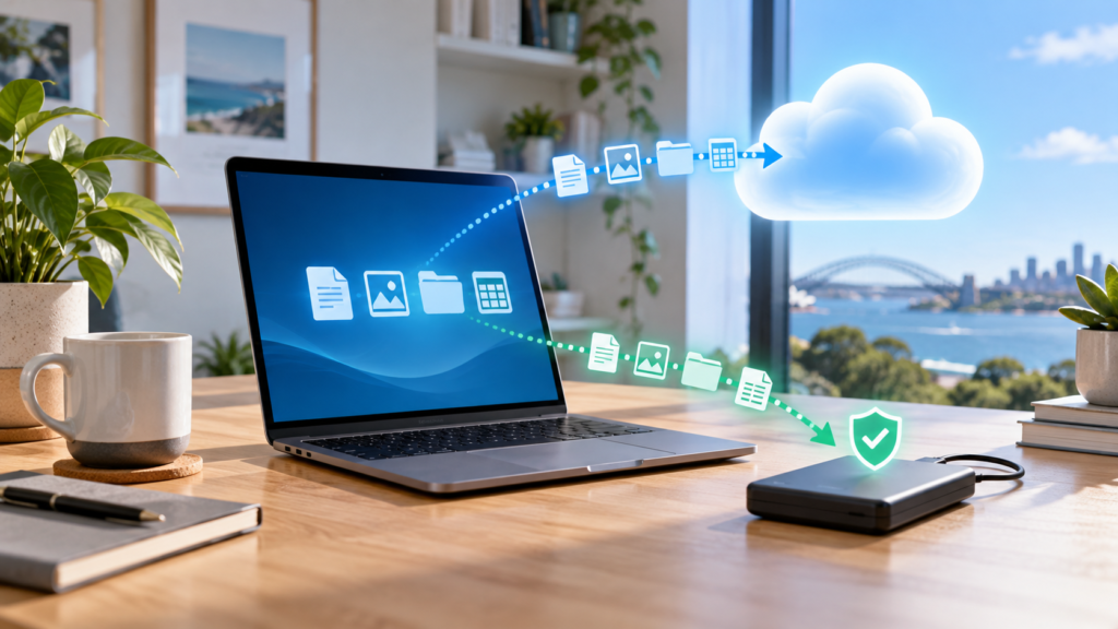 Laptop synchronising files to cloud storage with a separate external backup drive