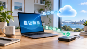 Laptop synchronising files to cloud storage with a separate external backup drive