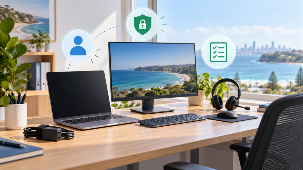Office computer and headset prepared for a new employee, with account and security icons