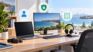 Office computer and headset prepared for a new employee, with account and security icons